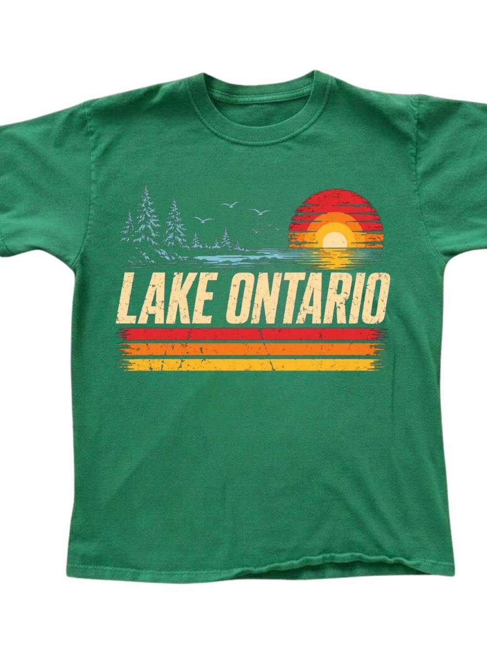 Gildan Green "Lake Ontario" Short Sleeve Tee with Retro Sunset Graphic